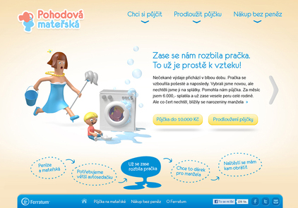 <span style="color: rgb(0, 31, 55); font-family: Arial; font-size: 15px; line-height: 19.5px; background-color: rgb(248, 248, 248); ">Web nabízející půjčku pro ženy na mateřské dovolené, na kterém měl být zajímavým způsobem vyprávěn příběh se šťastným koncem. K tomu účelu jsem vytvořil 3d rodinku v odlehčeném komickém stylu, která prožívá různé peripetie. Grafiku celého webu jsem ladil do odpovídajícího kresleného stylu, aby web působil vyváženě a byl zajímavý i pro děti, protože maminky mají své zvědavé ratolesti neustále za zády :)</span>